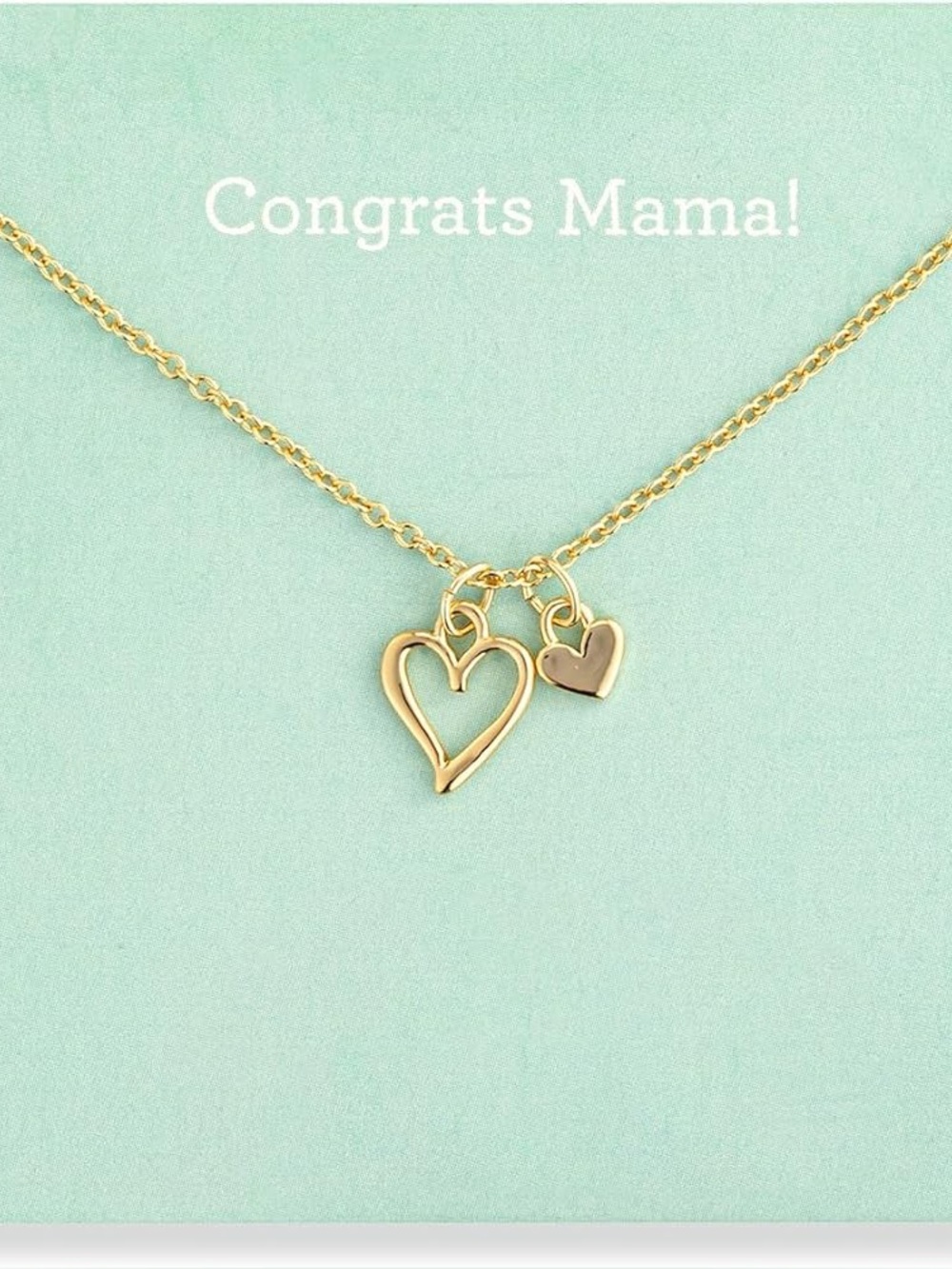 Gold Double Heart Pendant Necklace - Congrats Mama, 14kgp, floral card. 16”.
